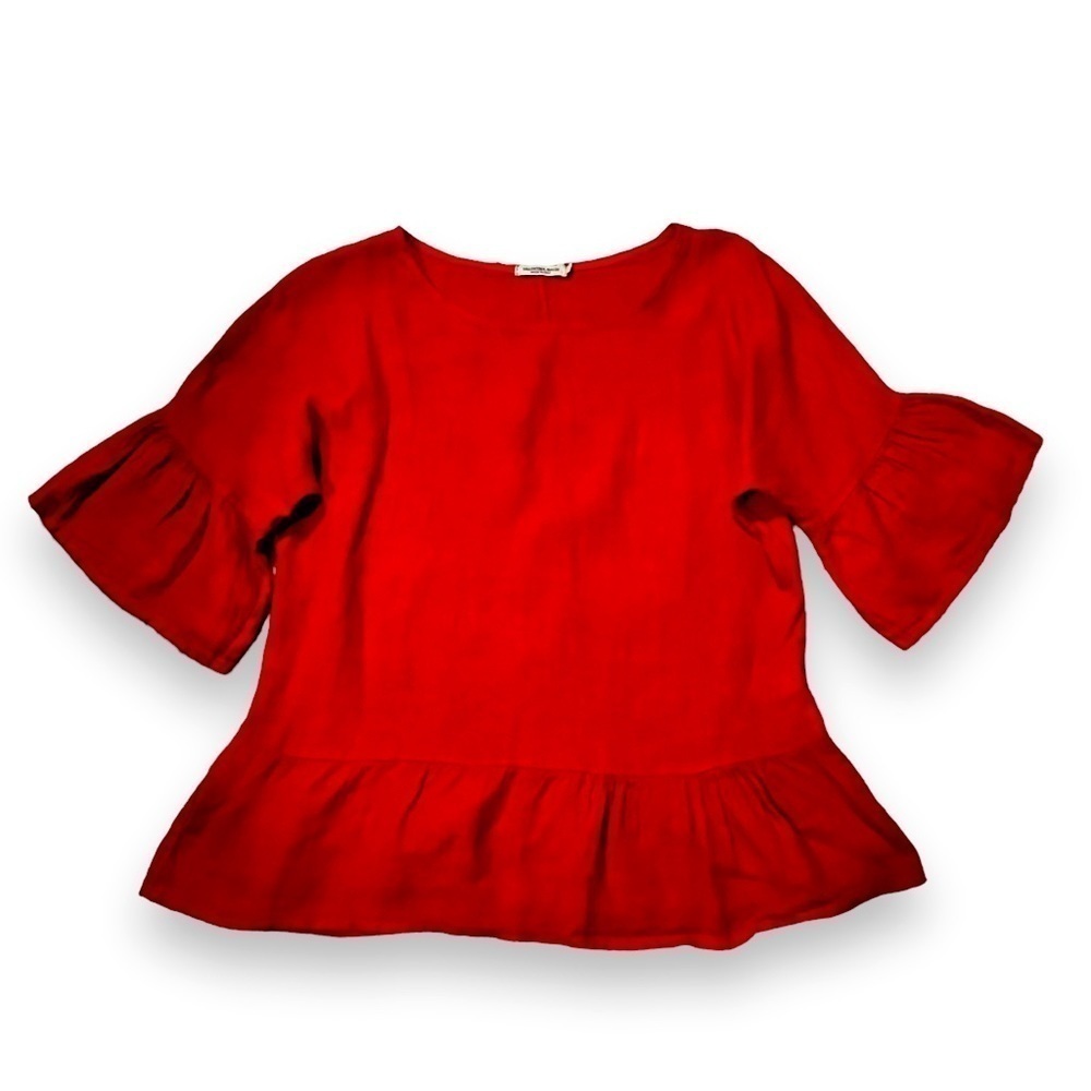 Valentina Naldi 100% Linen Top Boxy Ruffled Red Coastal Lagenlook Size Small